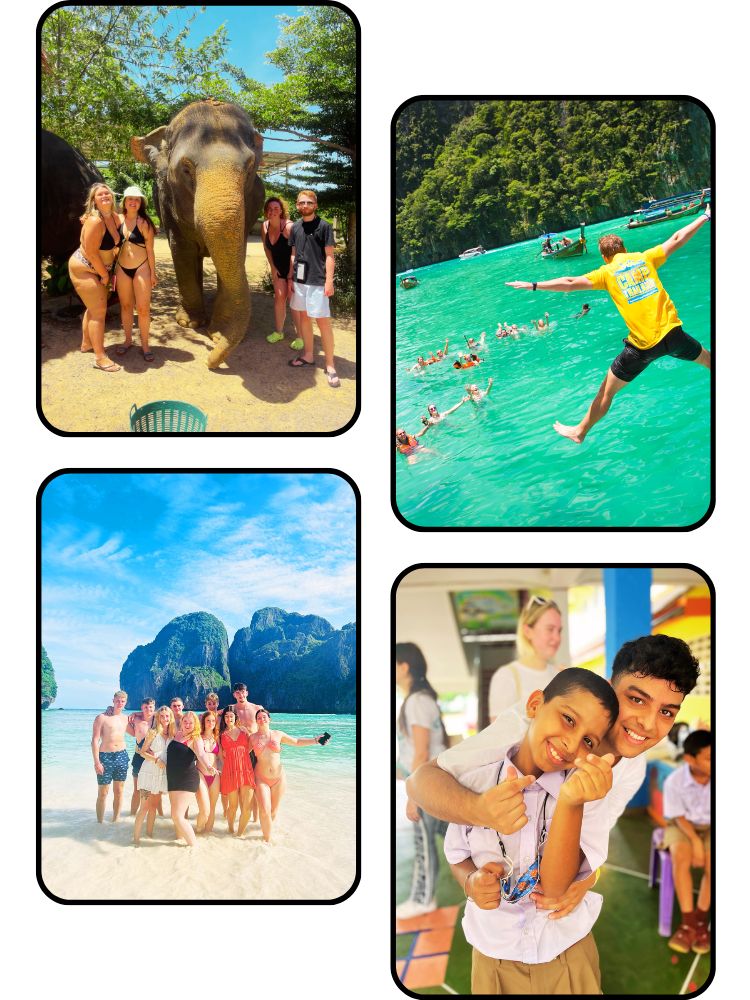 Group of travellers in Thailand, island hopping volunteering in local schools and volunteering with elephants